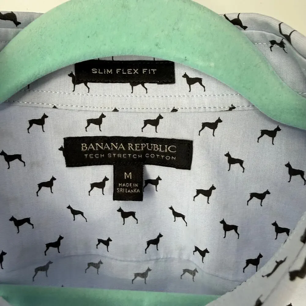 Banana Republic Tech Stretch Cotton Dog Print Button Down Long Sleeve Shirt SZ M